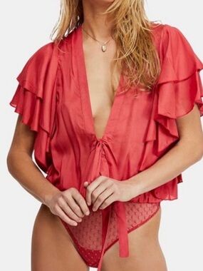Free People Intimately Call Me Later Red Ruffle Sleeve Bodysuit Size S